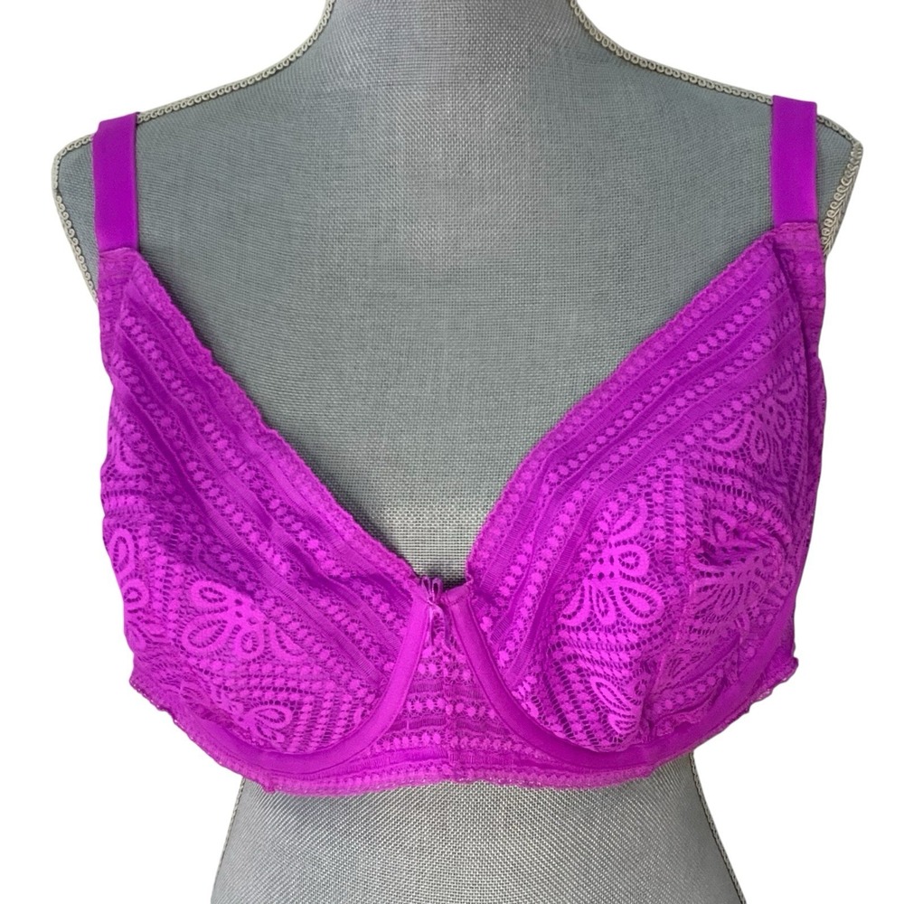 Cacique Unlined Balconette Bra Magenta Purple Lace Underwire 44F‎ Plus Size